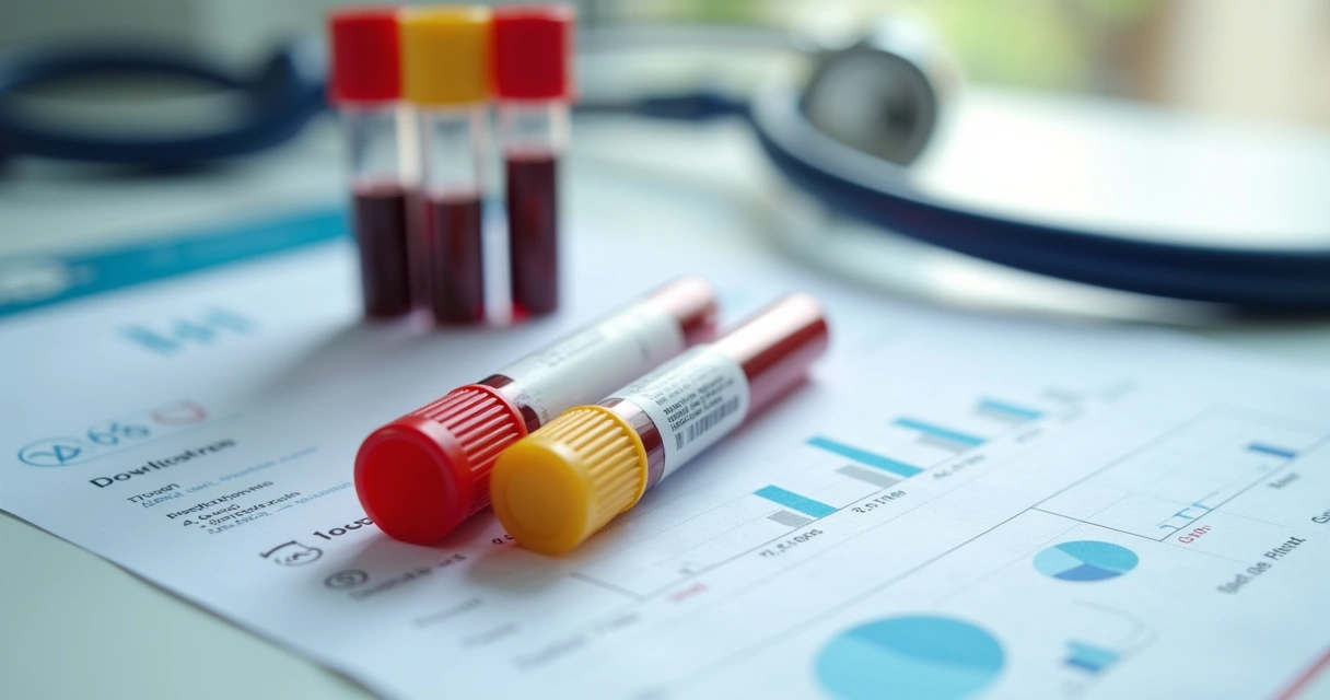 Tubos de sangue e laudo laboratorial sobre mesa clínica 