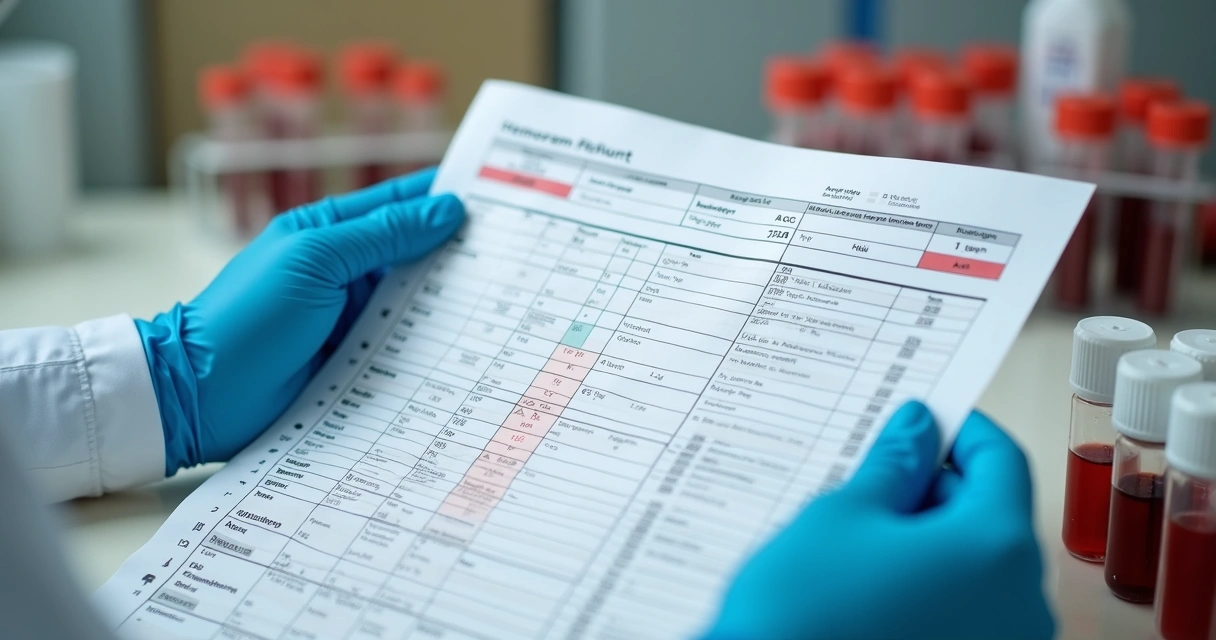 Hemograma laboratorial sendo analisado por um médico 