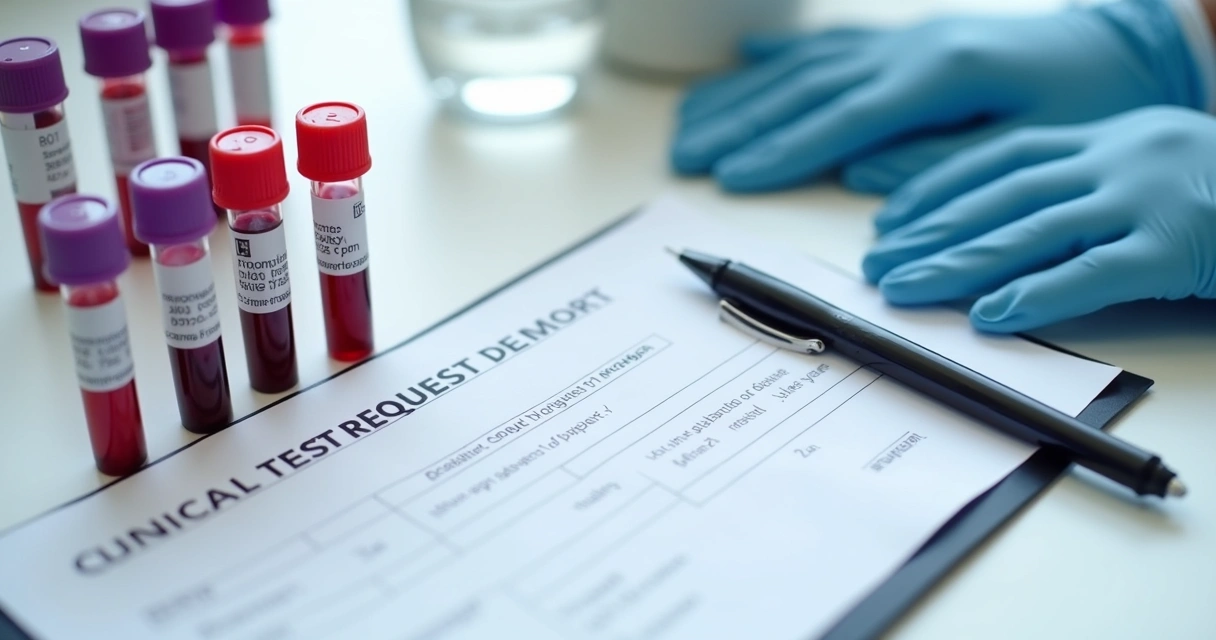 Tubos de sangue e formulário de exames laboratoriais 