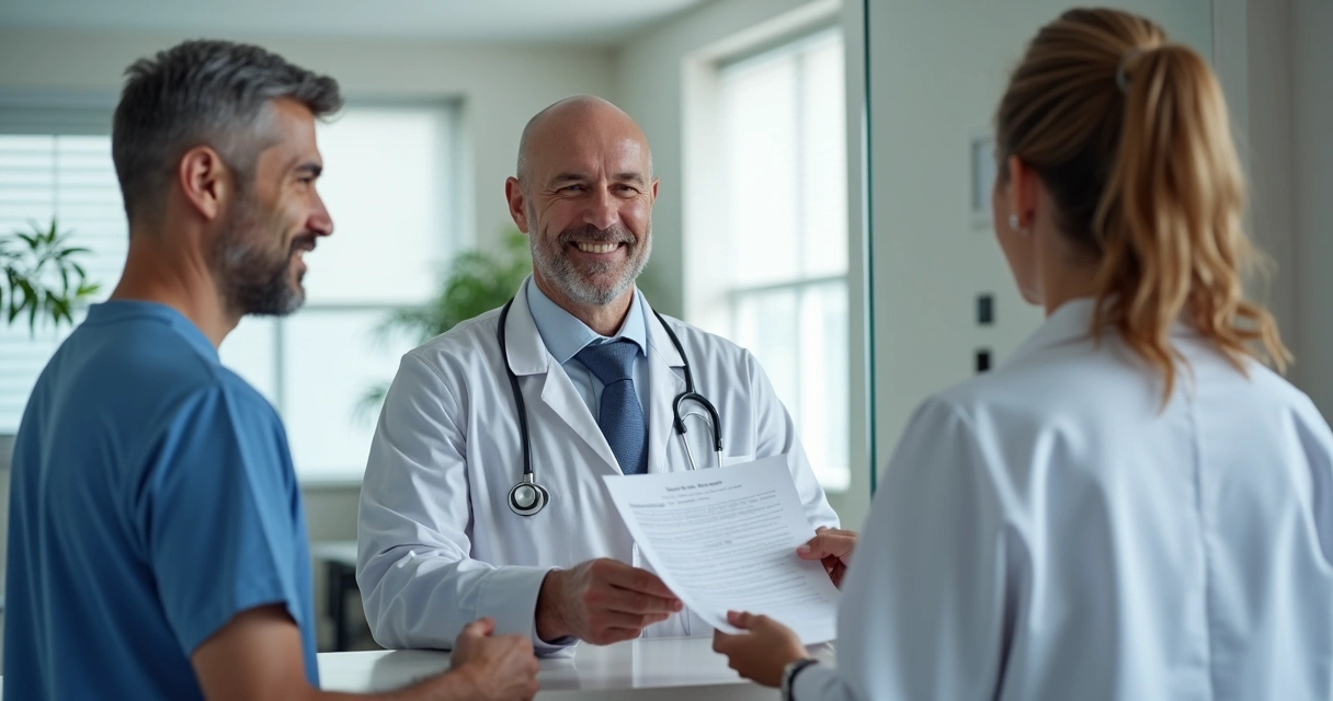 Dois adultos entregando exames em laboratório 