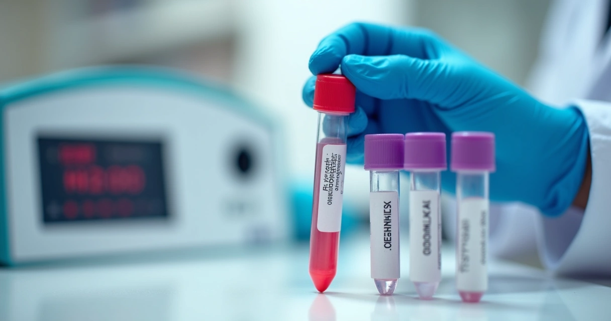 Frascos para exames moleculares em laboratório com etiquetas de sífilis, clamídia e gonorreia, sobre bancada branca.