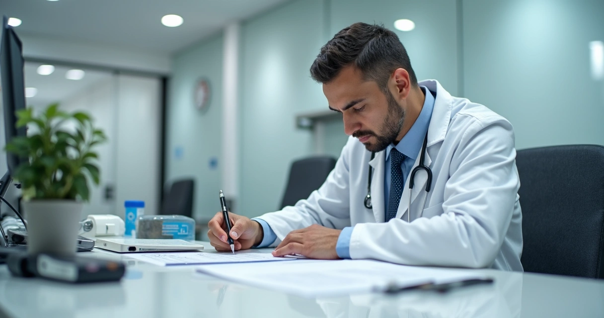 Médico do trabalho analisando exames ocupacionais de um paciente em consultório. 
