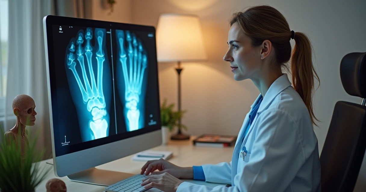 Médica analisando raio-x de ossos em consultório 
