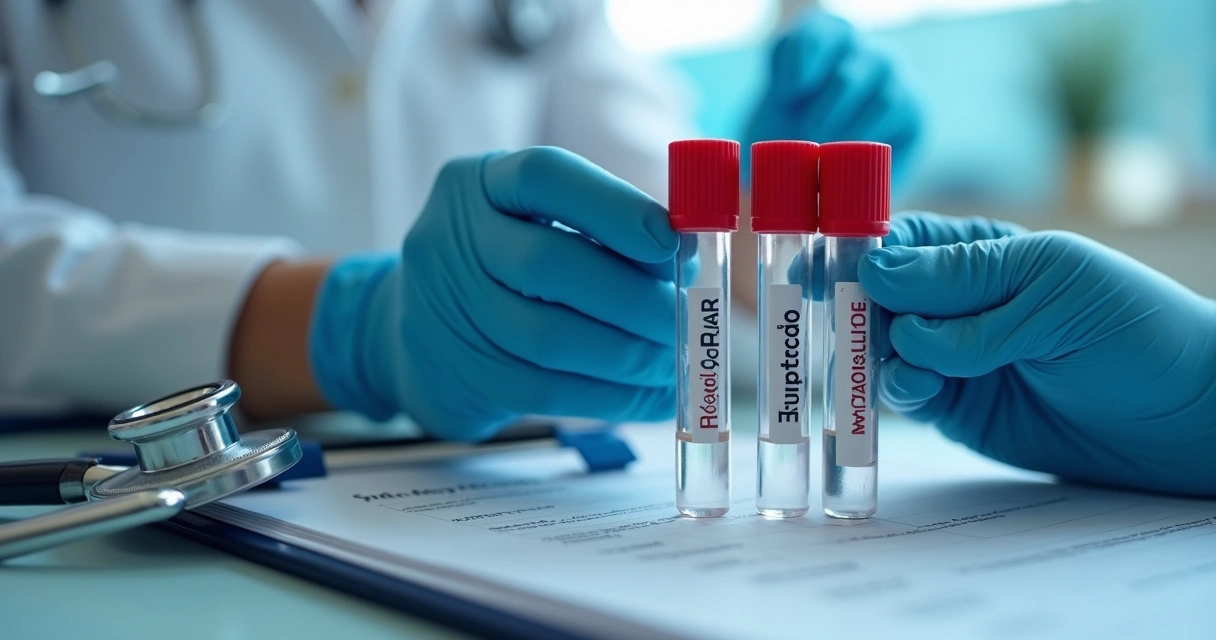Profissional de saúde analisando testes para PrEP com materiais médicos em destaque