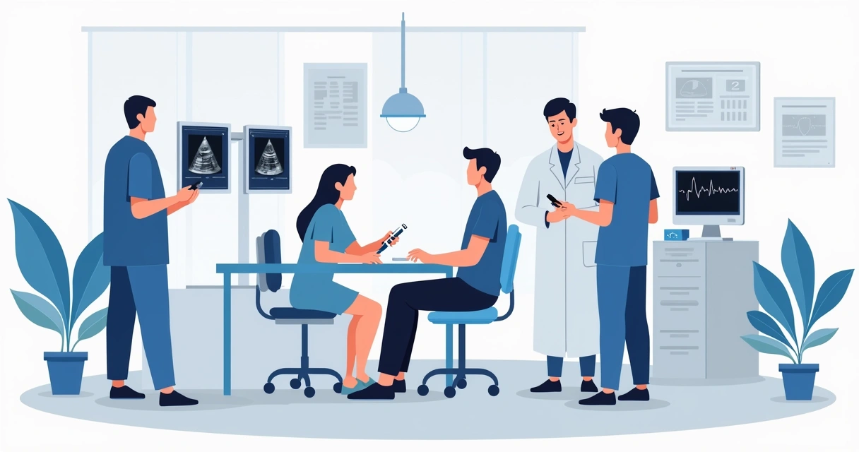 Paciente em sala moderna realizando exames pré-operatórios com equipes médicas 