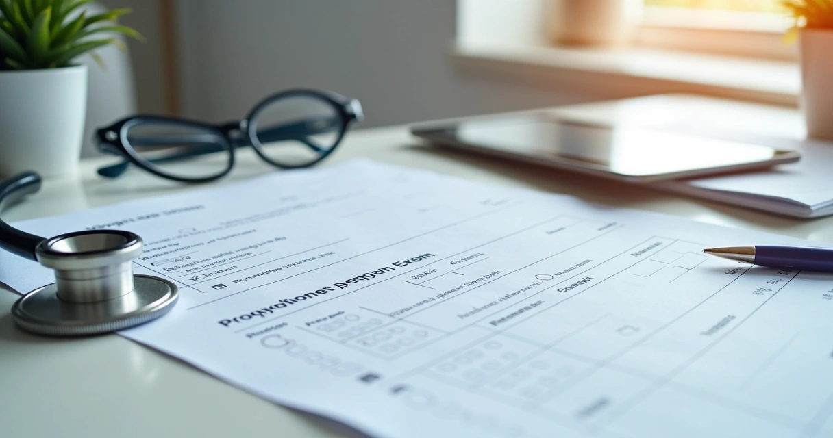 Materiais de exames pré-operatórios sobre mesa de consultório 
