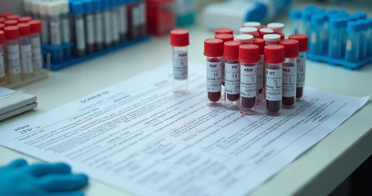 Mesa de laboratório com tubos de ensaio, formulários médicos e amostras de sangue para exames de PrEP.