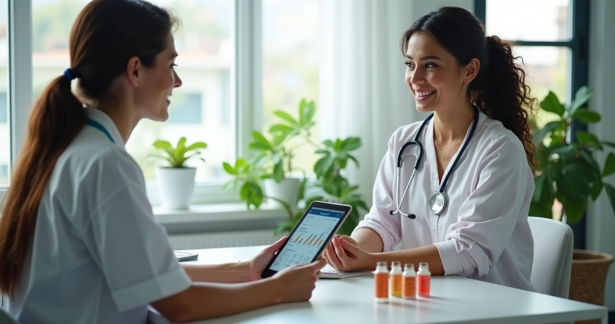 Mulher jovem de 30 anos sentada em consultório médico, médica mostrando resultados de exames 
