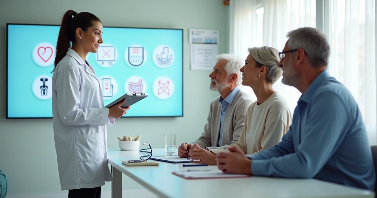 Profissional de saúde apresentando exames preventivos para três pessoas maduras em clínica moderna 
