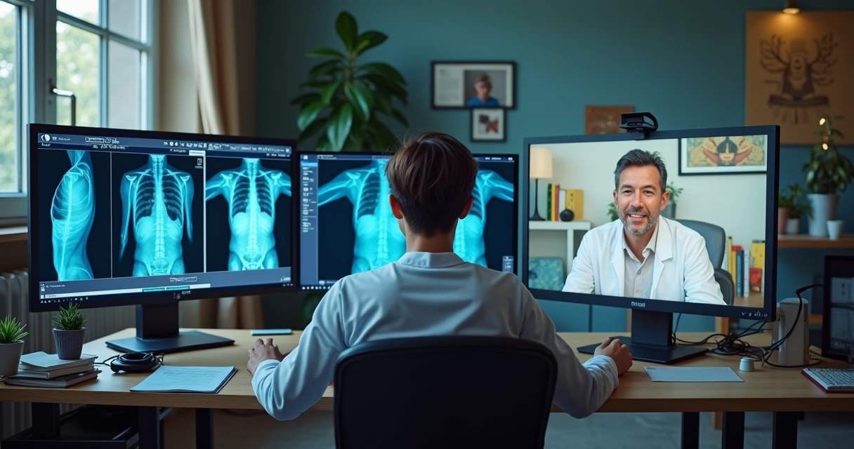 Médico faz teleconsulta analisando exames remotos em tela digital 