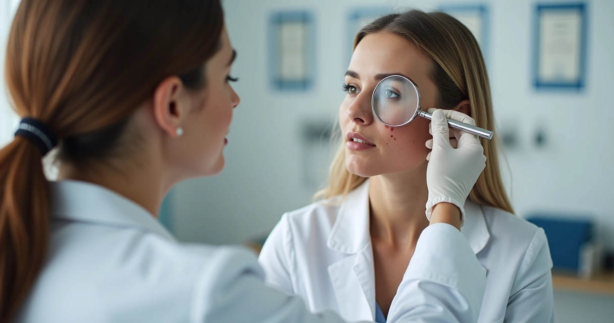 Dermatologista analisando o rosto de uma paciente para manchas de melasma 