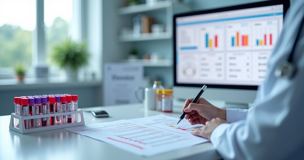 Hepatologista analisando exames de sangue do fígado em ambiente clínico moderno 