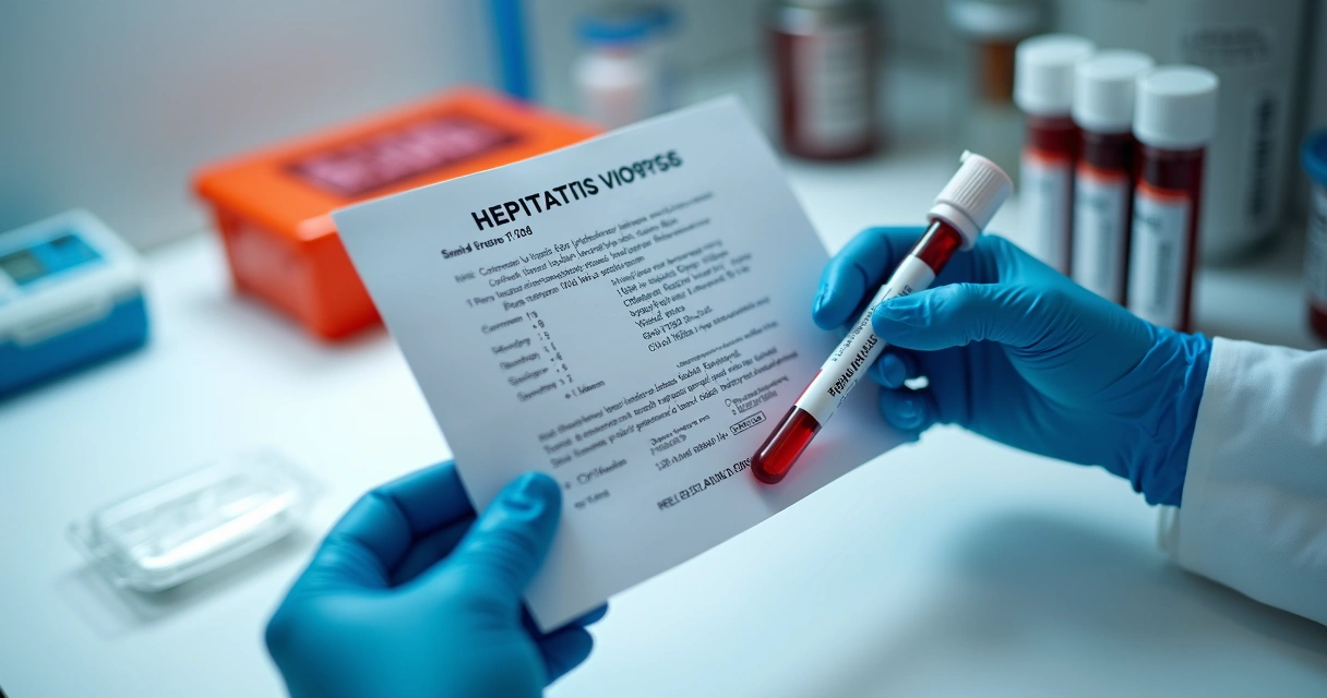 Tubos de exame de sangue e laudo médico sobre hepatite