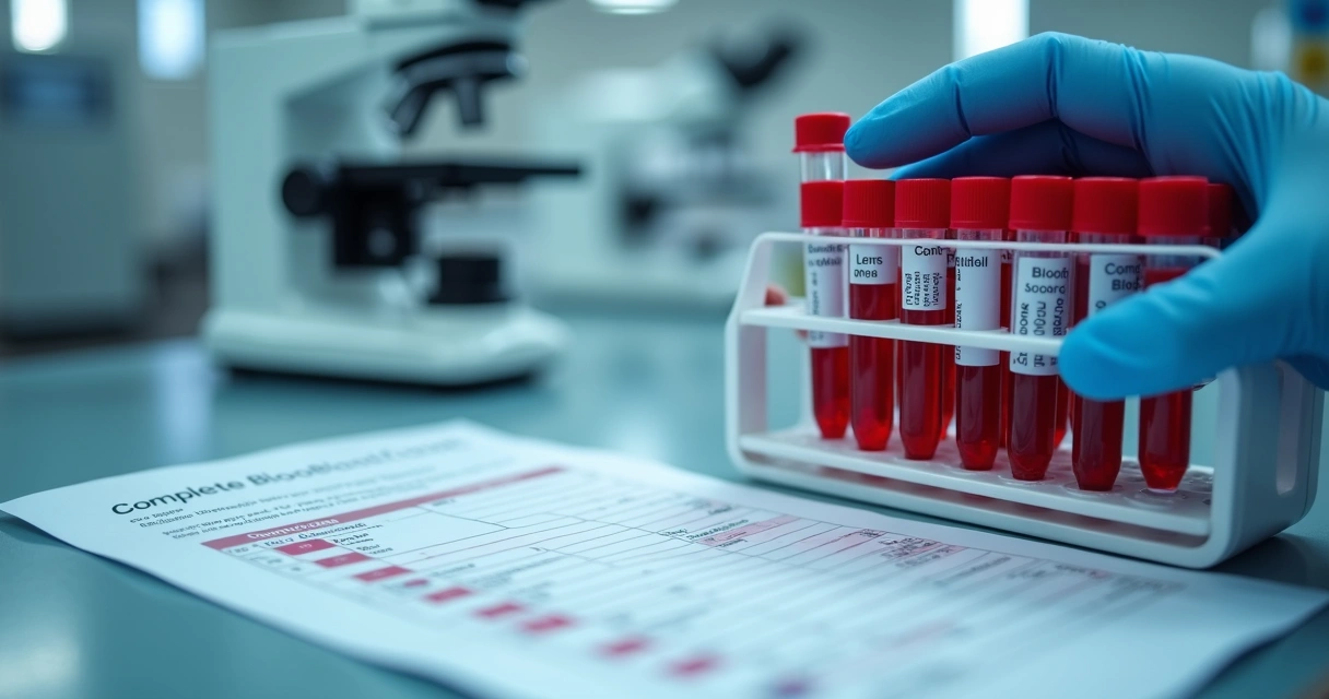 Tubos de sangue e laudo de hemograma em laboratório 