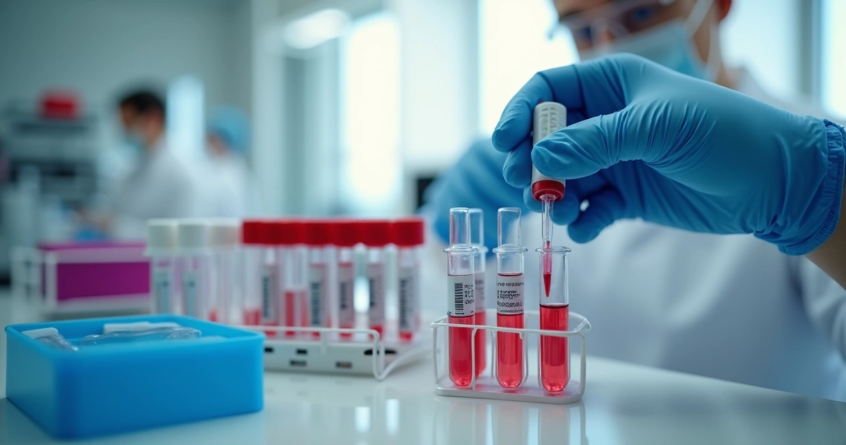 Exames de sangue sendo realizados em laboratório 