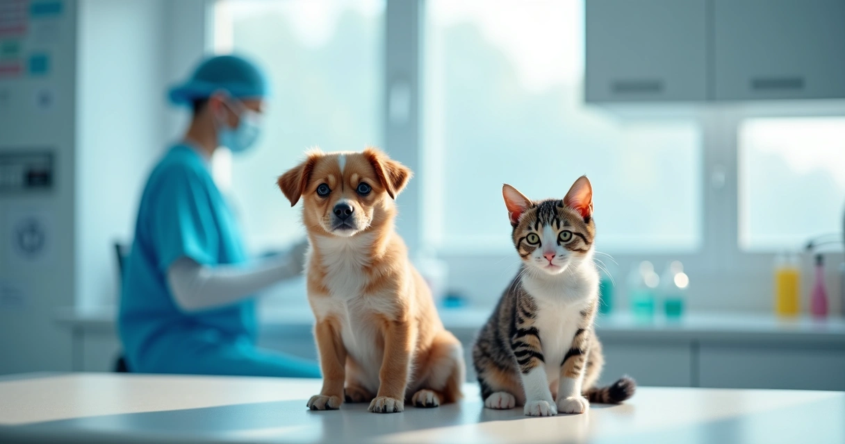 Cachorro e gato aguardando em bancada de laboratório veterinário 