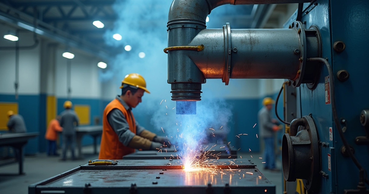 Exaustor industrial removendo fumos metálicos em área de solda. 
