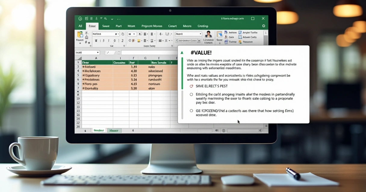 Tela do Excel destacando uma caixa de diálogo de IA explicando erro #VALUE!