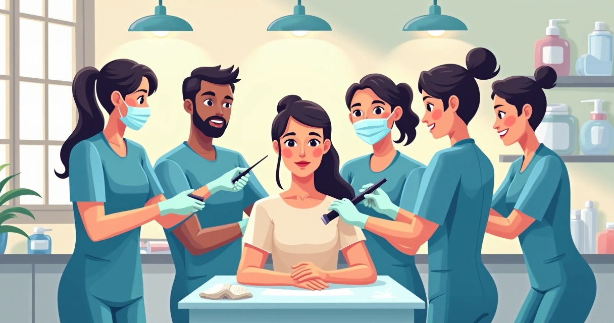 Equipe de depilação treinada, usando EPIs, ambiente limpo e cliente satisfeita após procedimento. 