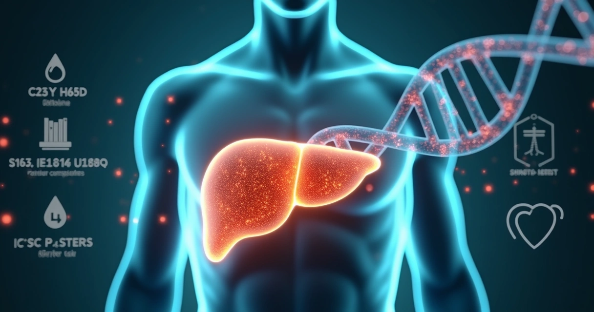 Conceito de fígado humano com ícones de ferro e DNA ao fundo 