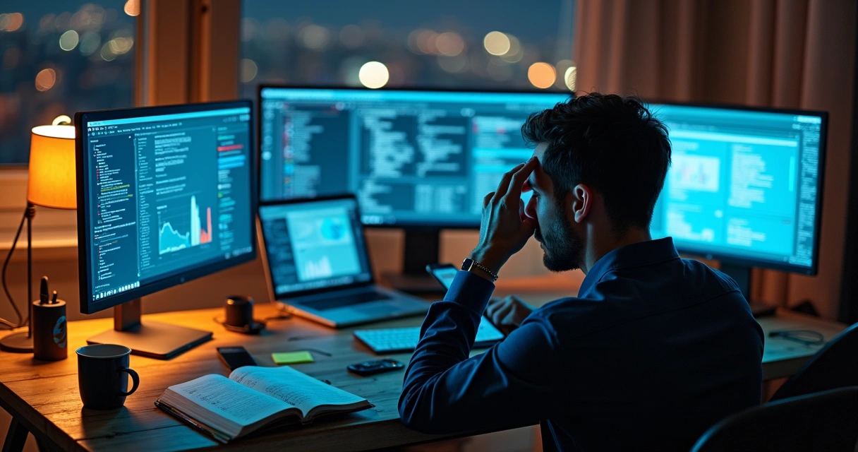 Pessoa sobrecarregada analisando muitas informações em várias telas 