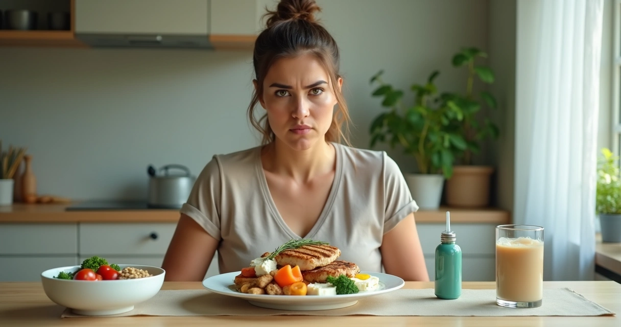 Mulher adulta olhando confusa para prato exagerado de proteínas e caneta para emagrecer na mesa 