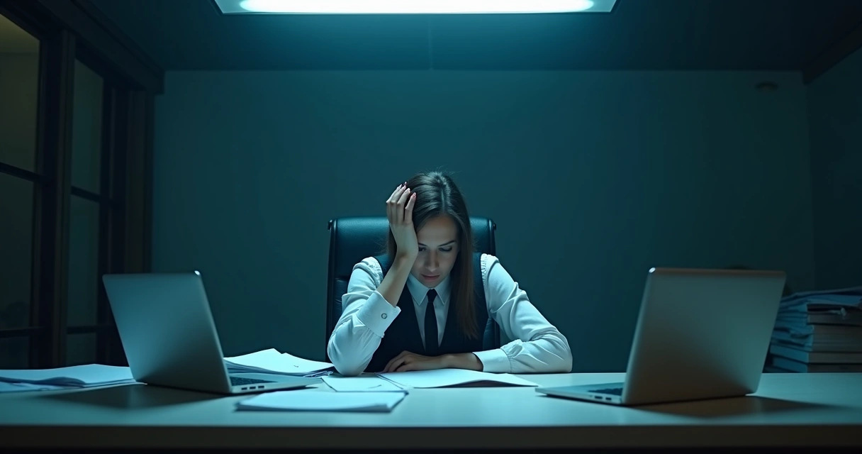 Pessoa de terno sentada sozinha à mesa, rodeada de papéis e computadores, com expressão cansada e sala escura 