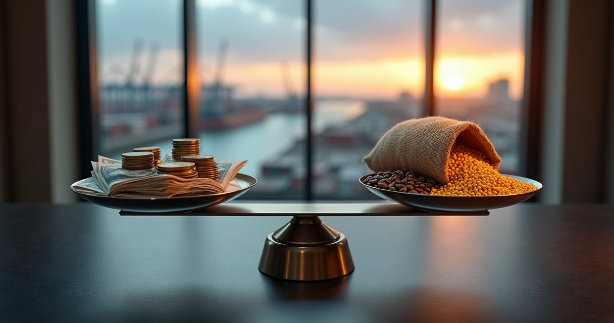 Balance scale weighing currency against agricultural commodities 