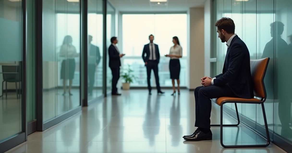 Employee in business attire sitting alone in hallway looking excluded