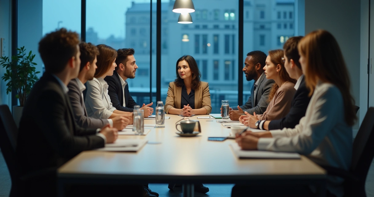 A single team member sitting apart from a group at a meeting table 