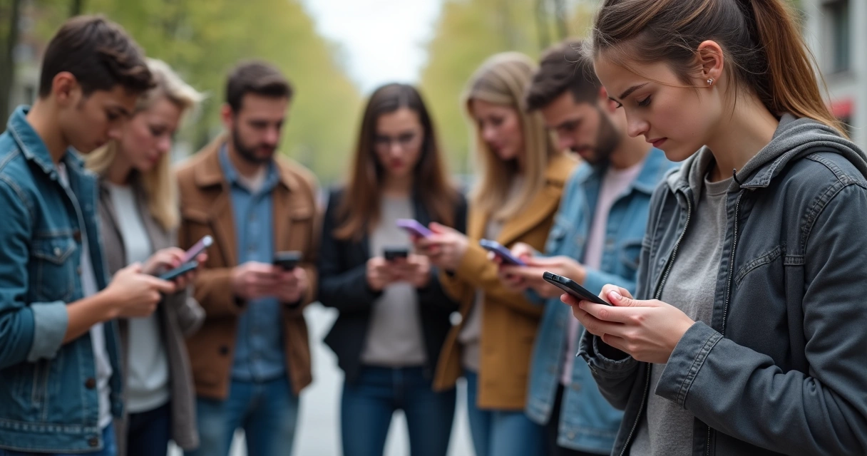 Jóvenes mirando sus teléfonos y uno de ellos apartado y triste