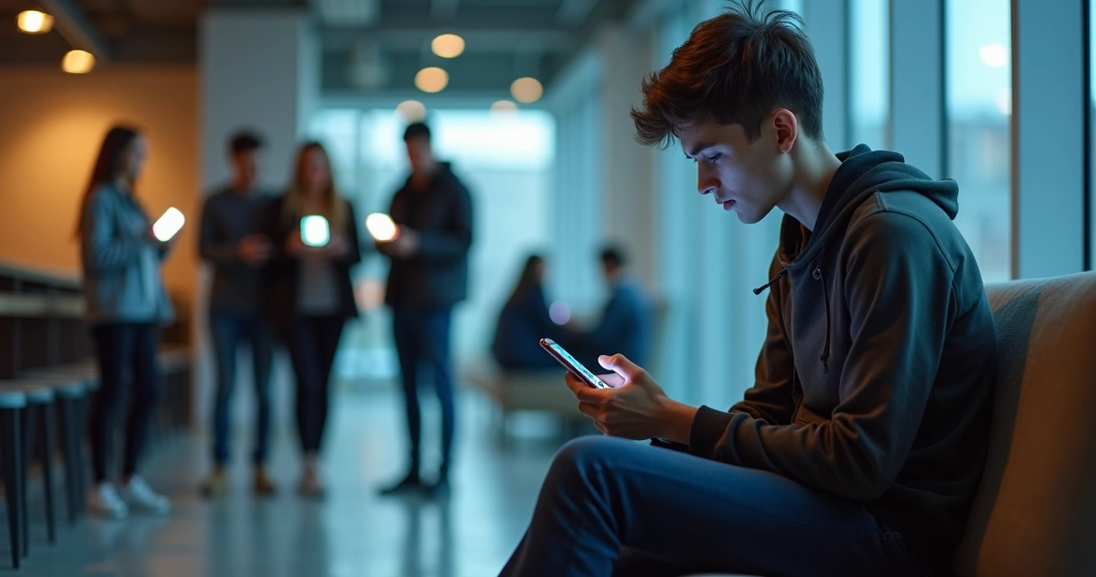 Persona sola mirando el móvil mientras un grupo conversa al fondo 