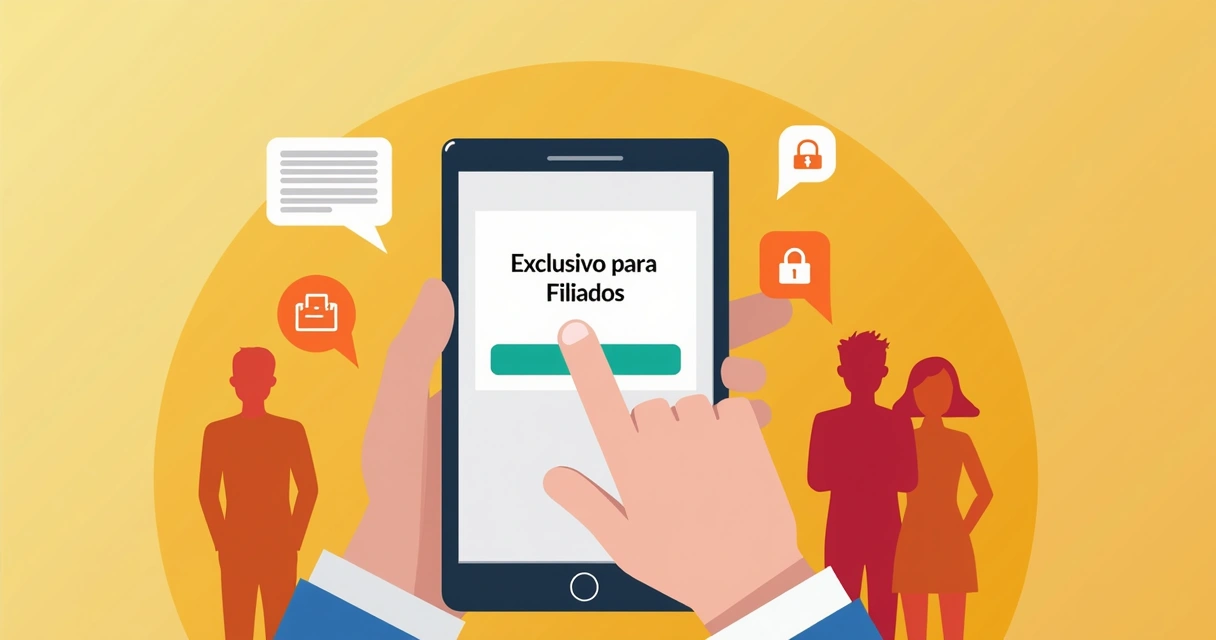 Tela de celular mostrando aviso exclusivo para filiados no app do sindicato 