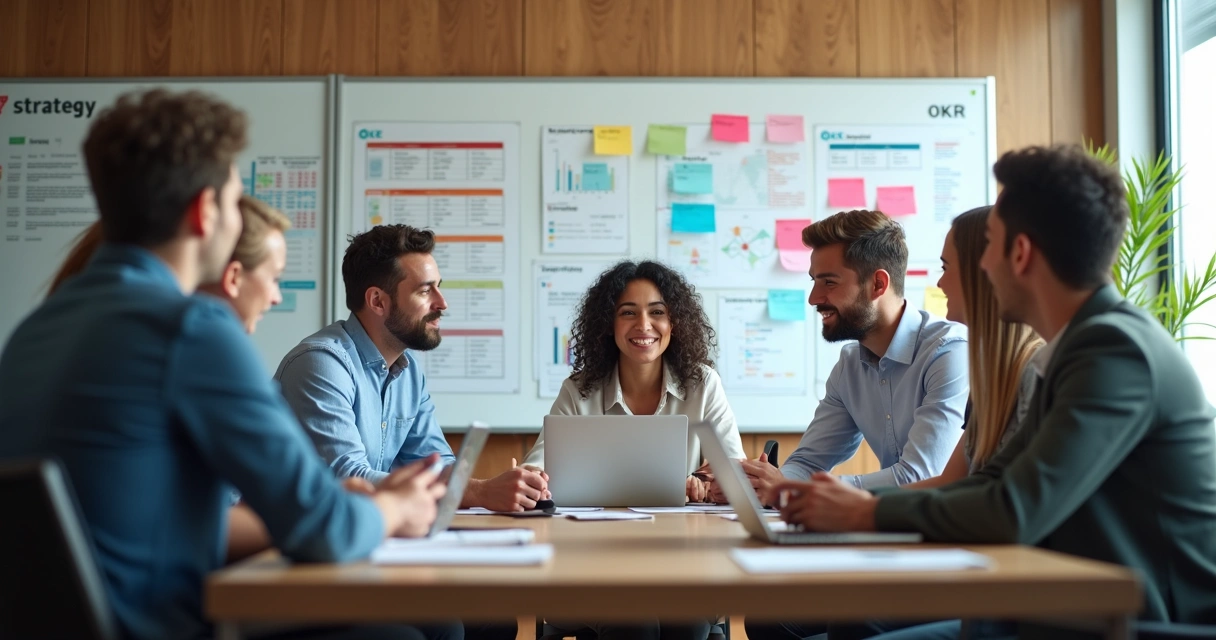 Equipe de trabalho em reunião com quadro branco mostrando metas e gráficos de OKRs 