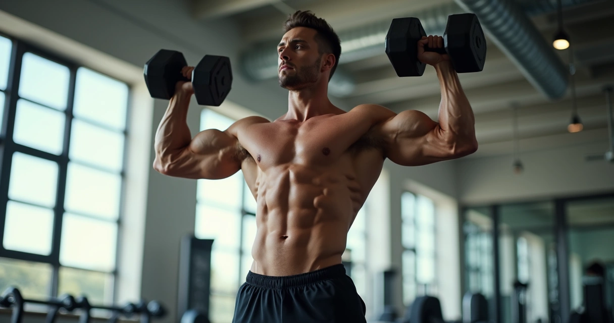 Homem executando desenvolvimento em pé com halteres, ombros alinhados e tronco ereto. 