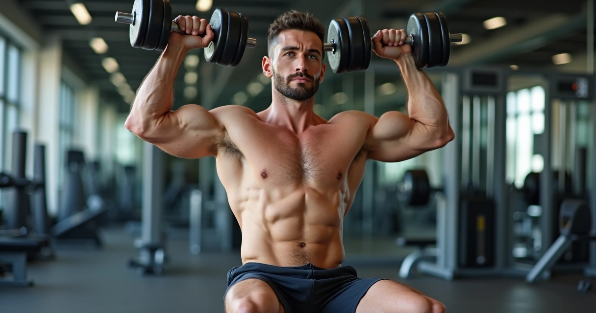 Pessoa demonstrando execução correta da rosca francesa com halter sentado.