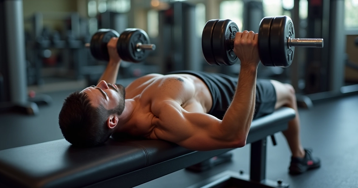 Homem deitado em banco reto executando supino com halteres, braços quase estendidos. 