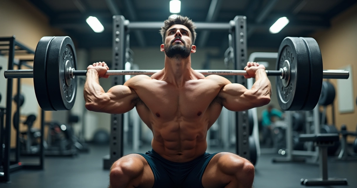 Homem executando agachamento com barra nas costas em academia