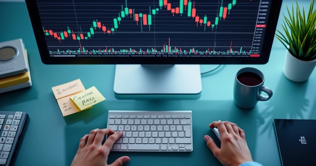 Tela de computador mostrando gráficos de ações e ordens sendo executadas 