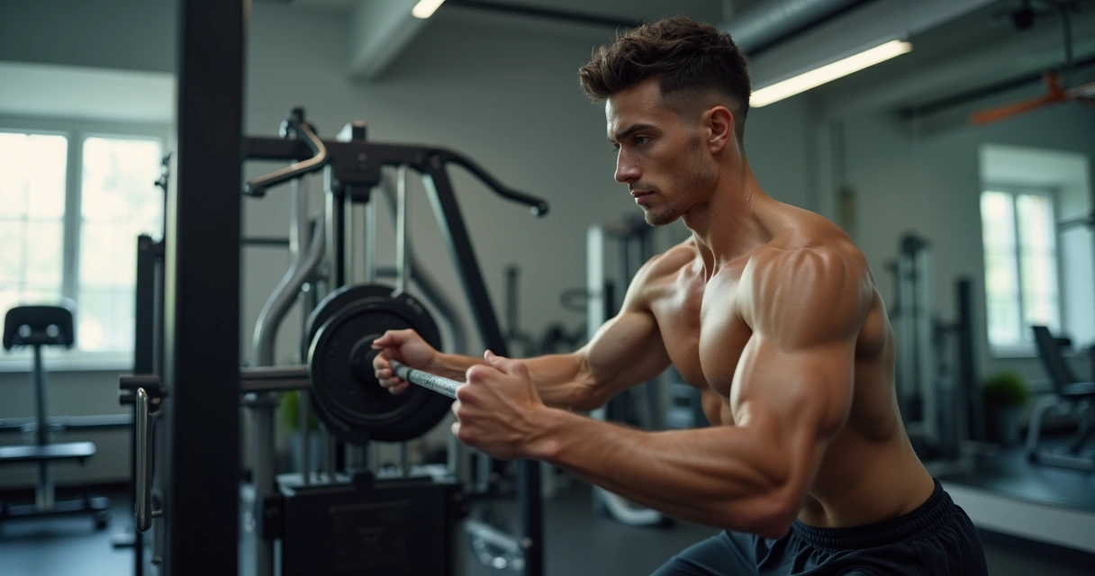 Pessoa fazendo rosca direta na academia com barra e pesos pequenos 
