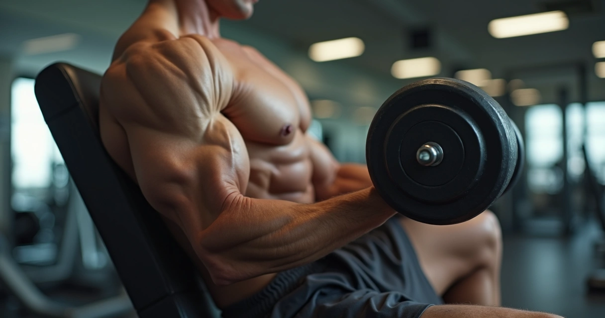 Pessoa executando supino inclinado com halteres em banco ajustado 