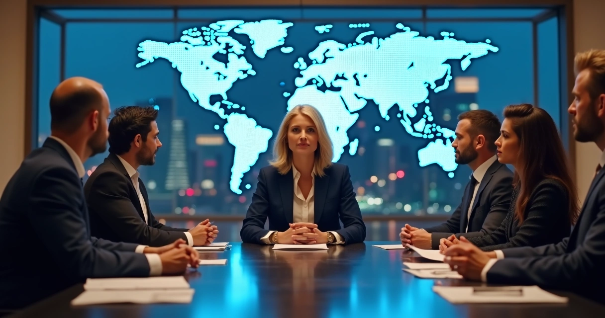 Executiva em mesa de conselho com marcas globais de restaurantes ao fundo 