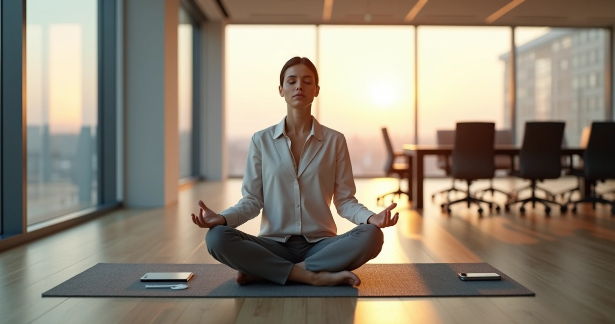 Profissional meditando em sala vazia antes de reunião importante 