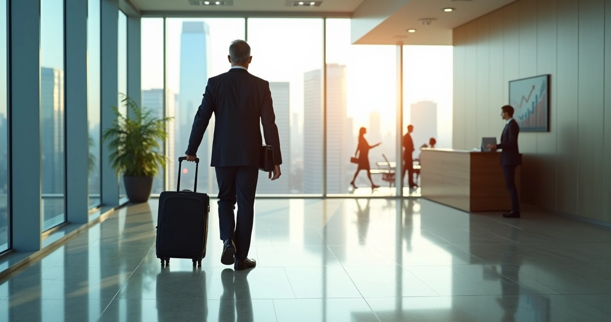 Executive with suitcase entering modern US corporate office