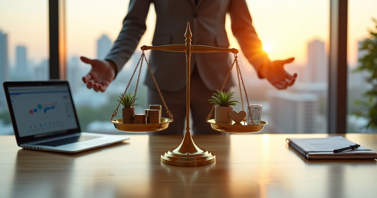 Executive balancing golden scales between profit and responsibility in modern office 