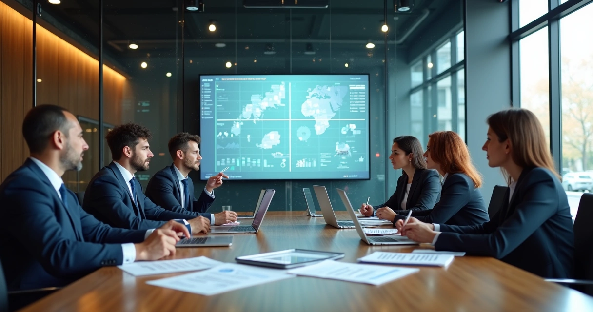 Executives around a conference table reviewing data with a shadow of unconscious bias overlaying their discussion 