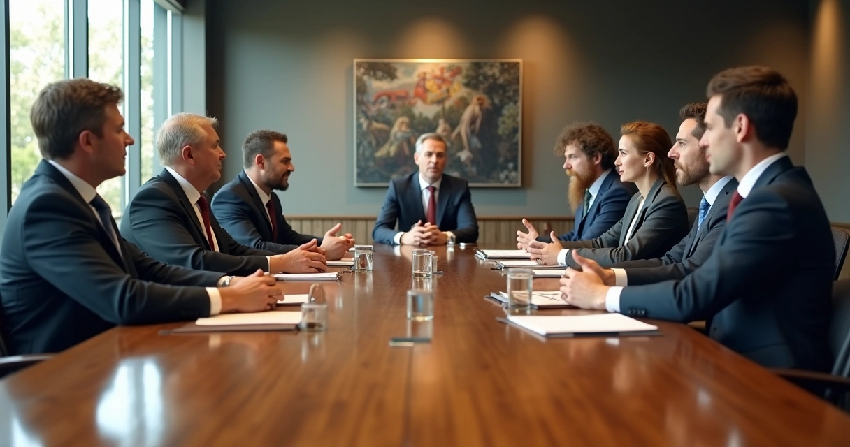 Executive team gathered around a conference table in discussion 