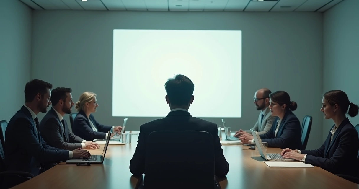 Executive at boardroom table with large shadow representing a blind spot on the wall behind them. 