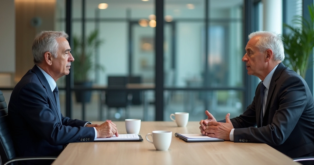 Two executives in a calm follow-up conversation after a tense meeting 