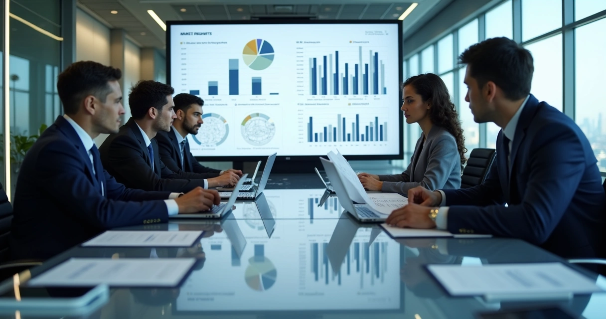 Executives discussing market intelligence insights before a decision